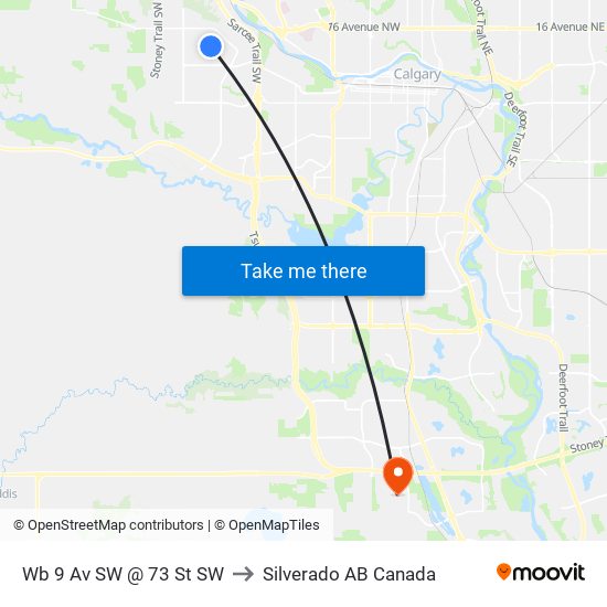 Wb 9 Av SW @ 73 St SW to Silverado AB Canada map