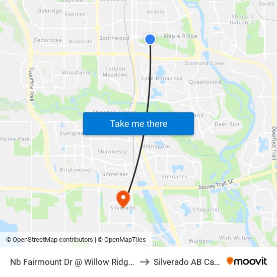 Nb Fairmount Dr @  Willow Ridge Pl SE to Silverado AB Canada map