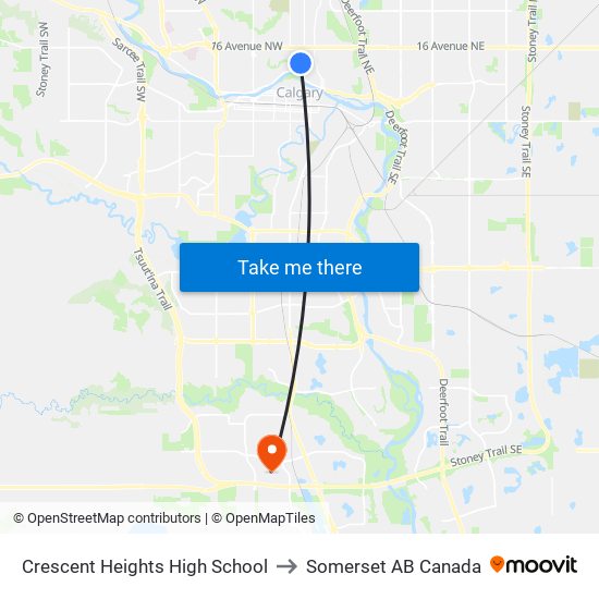 Crescent Heights High School to Somerset AB Canada map