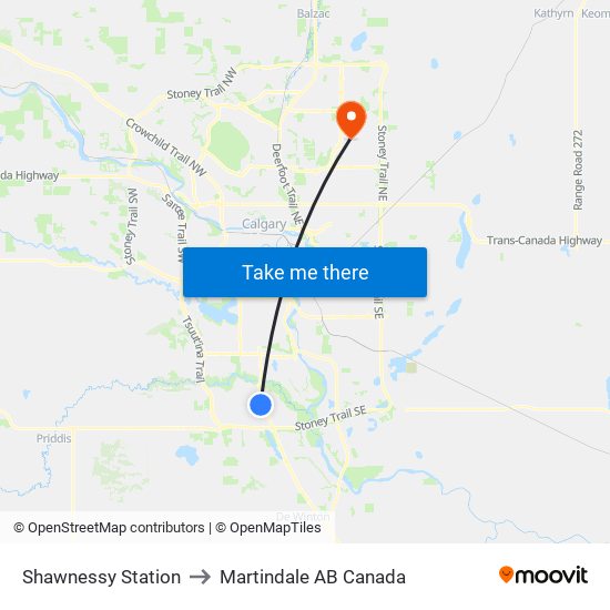 Shawnessy Station to Martindale AB Canada map