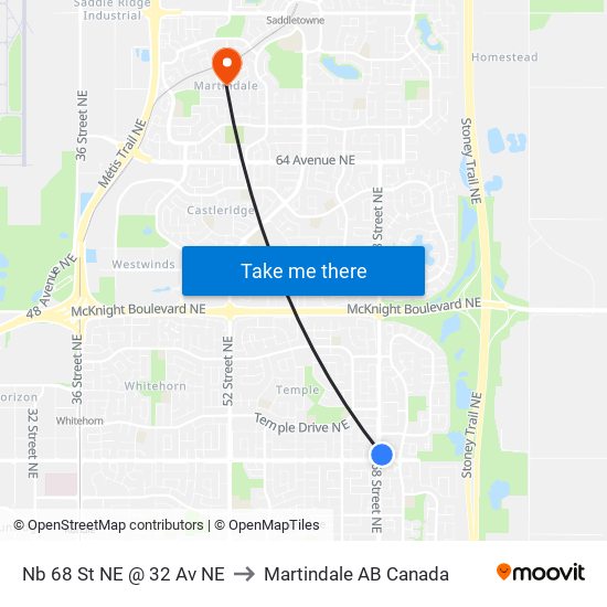 Nb 68 St NE @ 32 Av NE to Martindale AB Canada map