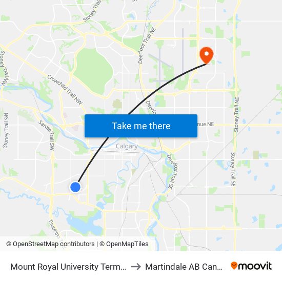 Mount Royal University Terminal to Martindale AB Canada map