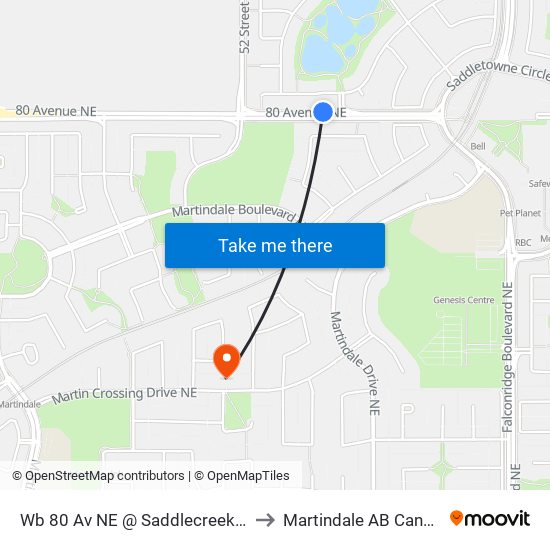 Wb 80 Av NE @ Saddlecreek Ga to Martindale AB Canada map