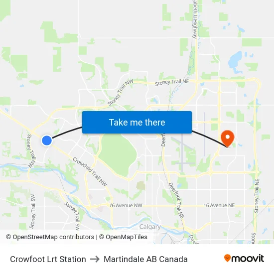 Crowfoot Lrt Station to Martindale AB Canada map