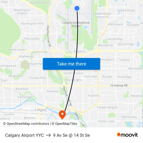 Calgary Airport YYC to 9 Av Se @ 14 St Se map