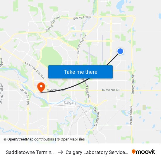 Saddletowne Terminal Stop I to Calgary Laboratory Services Foothills map