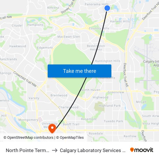 North Pointe Terminal H to Calgary Laboratory Services Foothills map