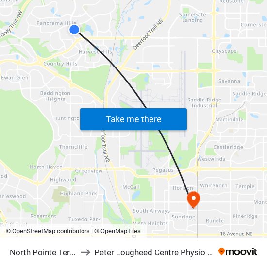 North Pointe Terminal H to Peter Lougheed Centre Physio Department map