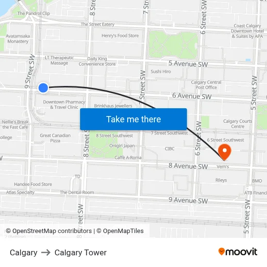 Calgary to Calgary Tower map