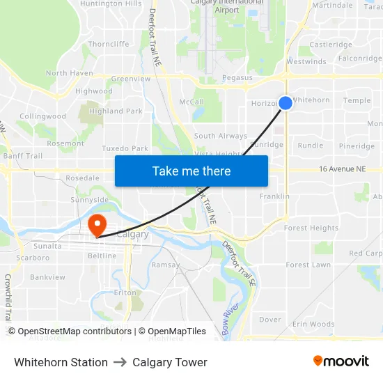 Whitehorn Station to Calgary Tower map