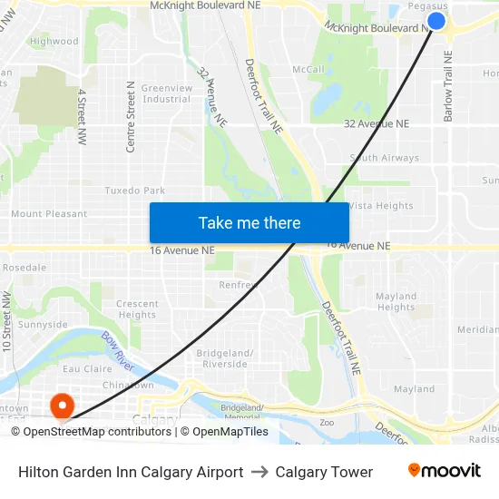 Hilton Garden Inn Calgary Airport to Calgary Tower map
