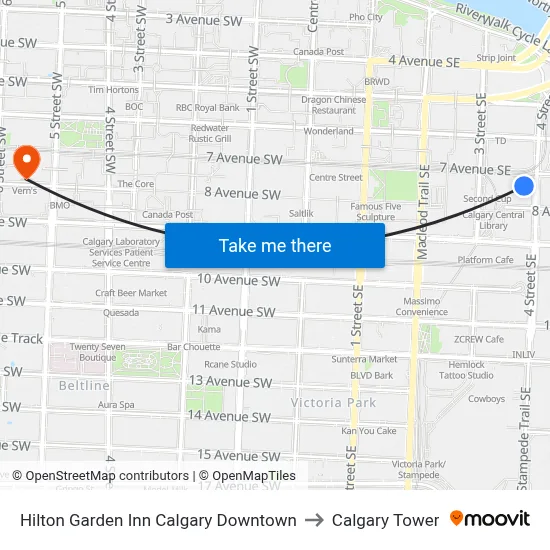 Hilton Garden Inn Calgary Downtown to Calgary Tower map