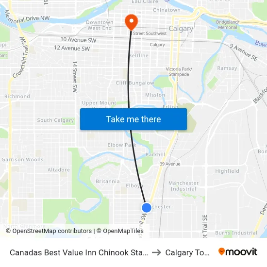 Canadas Best Value Inn Chinook Station to Calgary Tower map