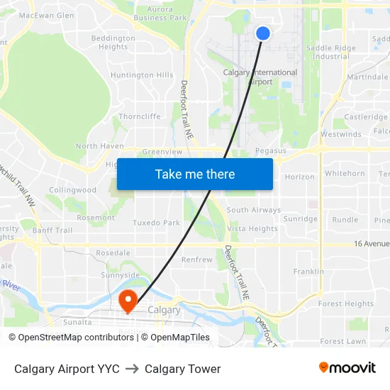 Calgary Airport YYC to Calgary Tower map