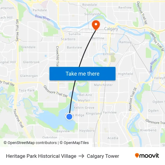 Heritage Park Historical Village to Calgary Tower map