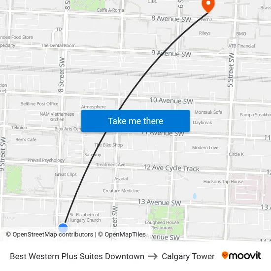 Best Western Plus Suites Downtown to Calgary Tower map
