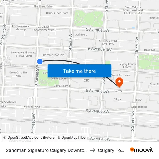 Sandman Signature Calgary Downtown to Calgary Tower map