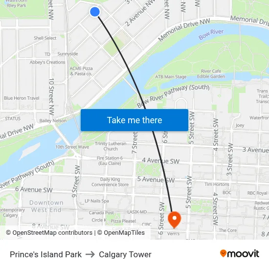 Prince's Island Park to Calgary Tower map