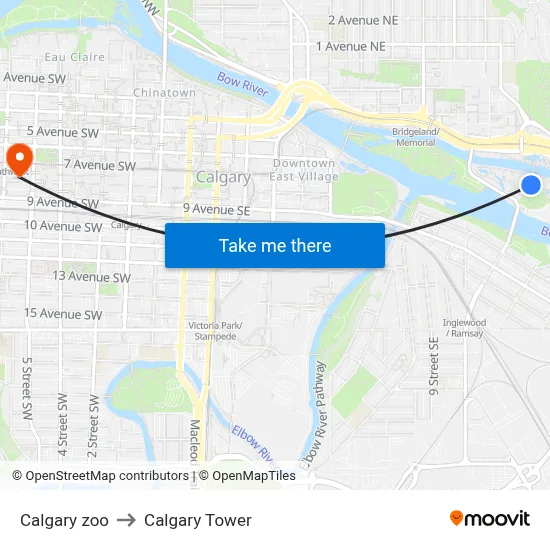 Calgary zoo to Calgary Tower map