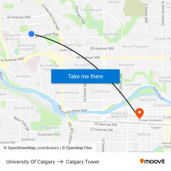 University Of Calgary to Calgary Tower map