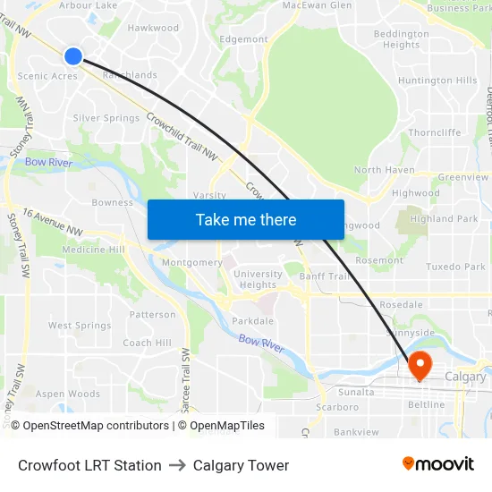 Crowfoot LRT Station to Calgary Tower map