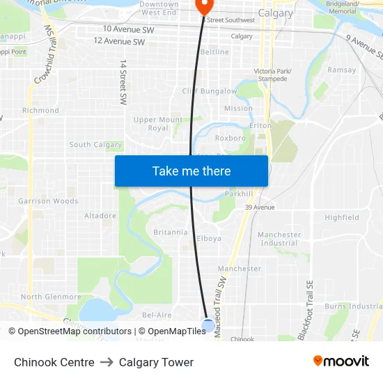 Chinook Centre to Calgary Tower map