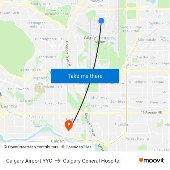 Calgary Airport YYC to Calgary General Hospital map