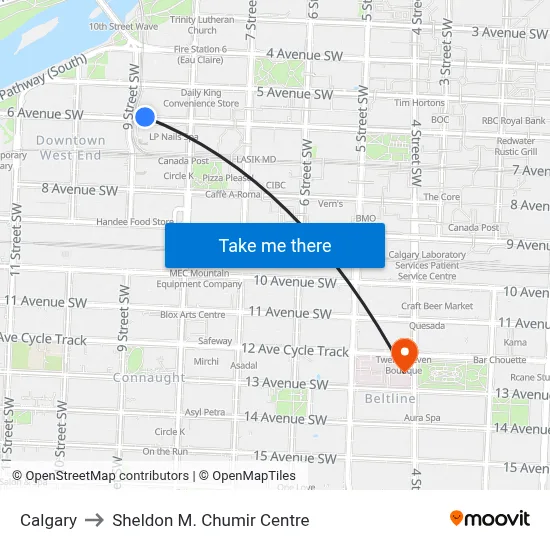Calgary to Sheldon M. Chumir Centre map