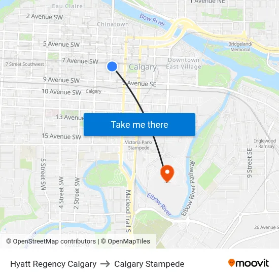 Hyatt Regency Calgary to Calgary Stampede map