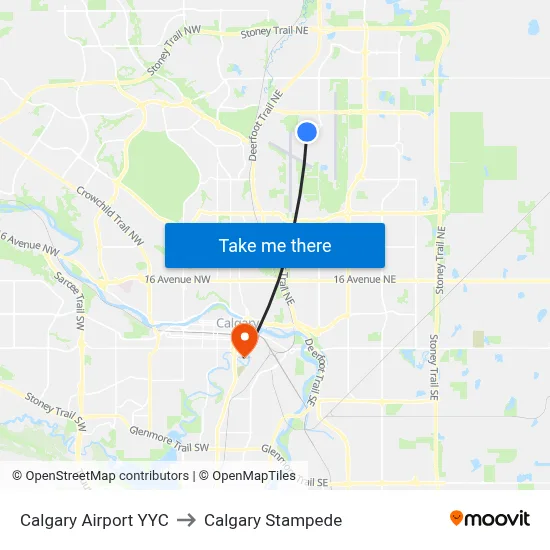 Calgary Airport YYC to Calgary Stampede map