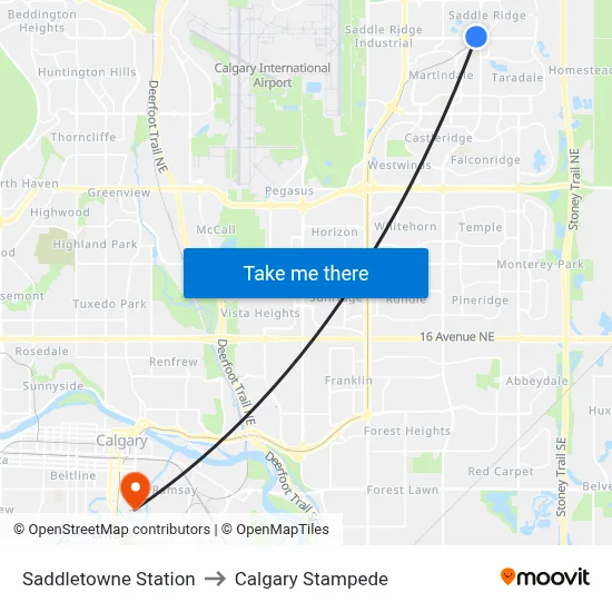 Saddletowne Station to Calgary Stampede map