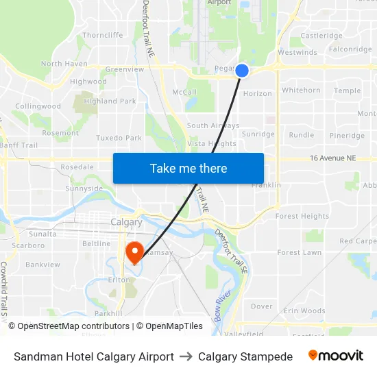 Sandman Hotel Calgary Airport to Calgary Stampede map
