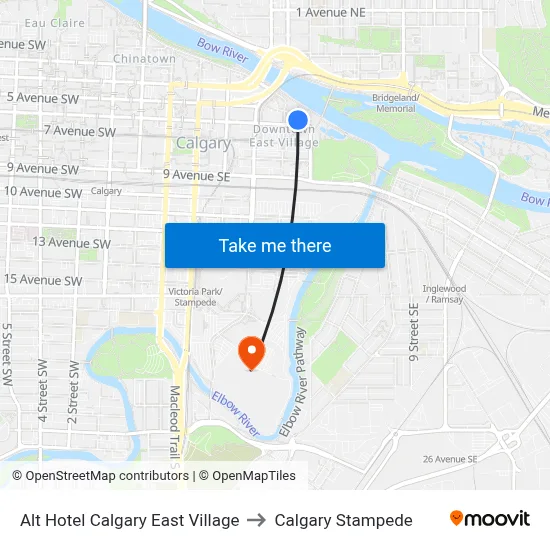 Alt Hotel Calgary East Village to Calgary Stampede map