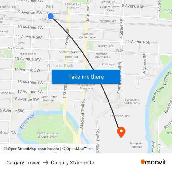 Calgary Tower to Calgary Stampede map