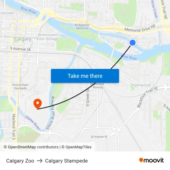 Calgary Zoo to Calgary Stampede map