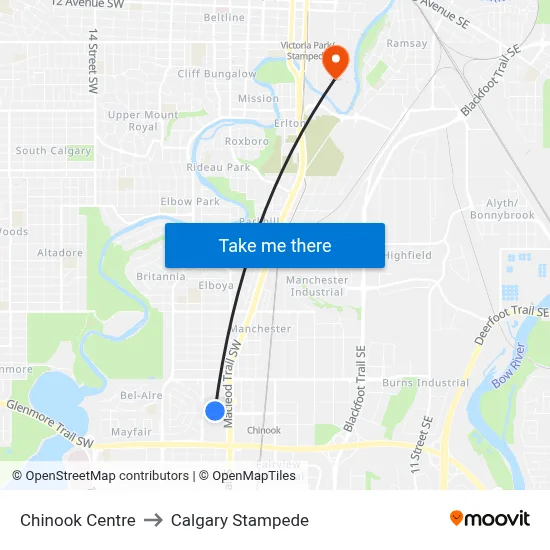 Chinook Centre to Calgary Stampede map
