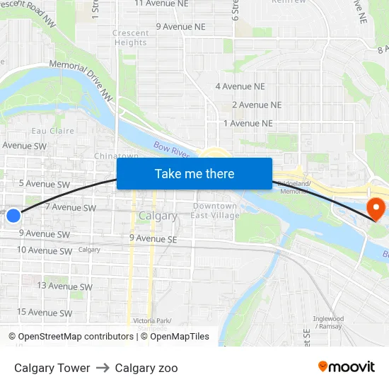 Calgary Tower to Calgary zoo map
