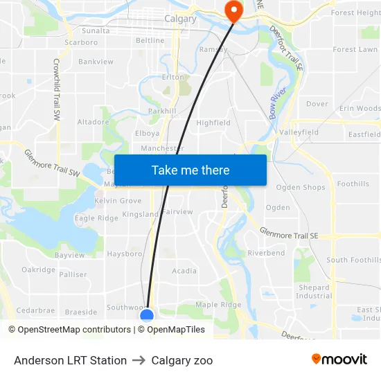 Anderson LRT Station to Calgary zoo map