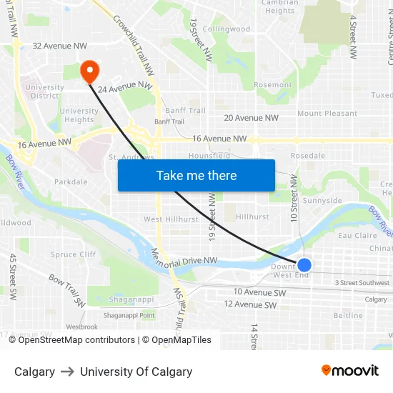 Calgary to University Of Calgary map