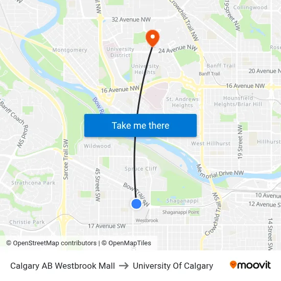 Calgary AB Westbrook Mall to University Of Calgary map