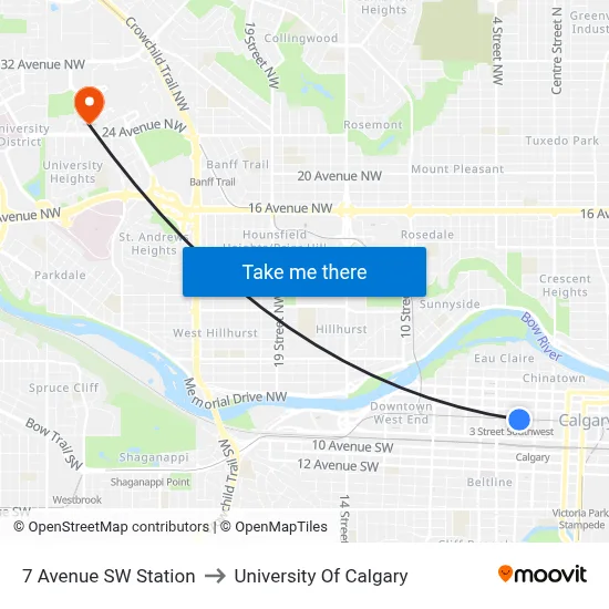 7 Avenue SW Station to University Of Calgary map