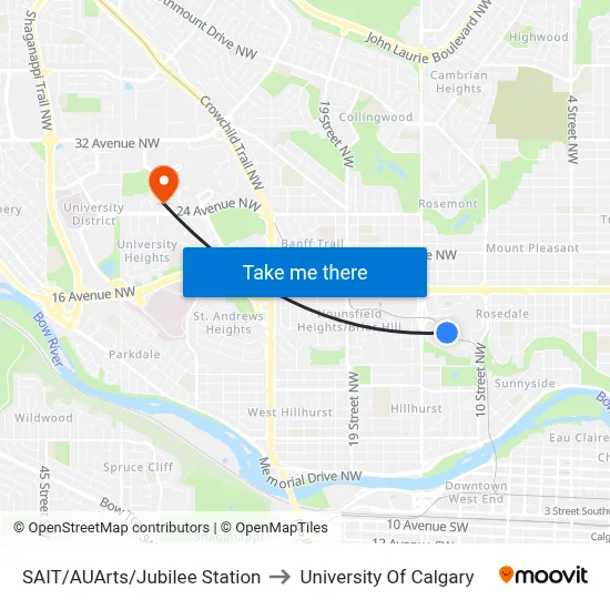 SAIT/AUArts/Jubilee Station to University Of Calgary map