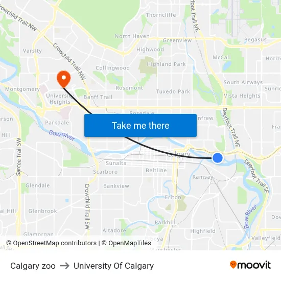 Calgary zoo to University Of Calgary map