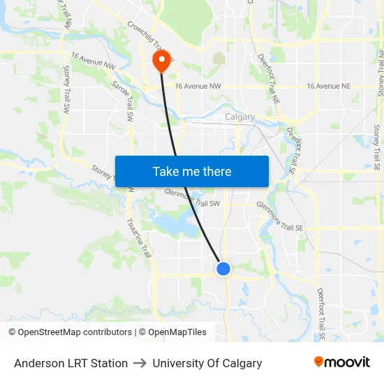 Anderson LRT Station to University Of Calgary map