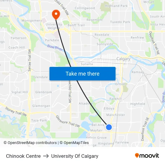Chinook Centre to University Of Calgary map