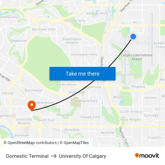 Domestic Terminal to University Of Calgary map