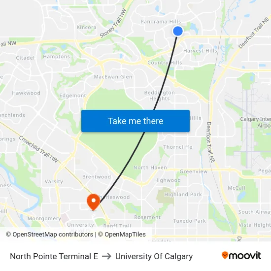 North Pointe Terminal E to University Of Calgary map