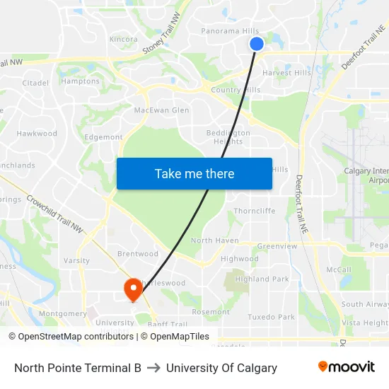 North Pointe Terminal B to University Of Calgary map