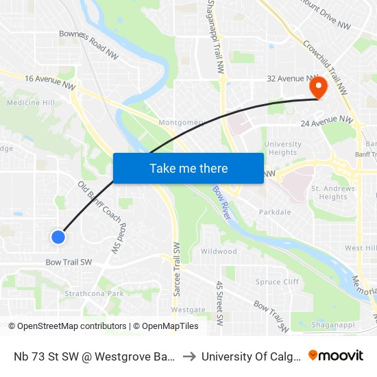 Nb 73 St SW @ Westgrove Ba SW to University Of Calgary map