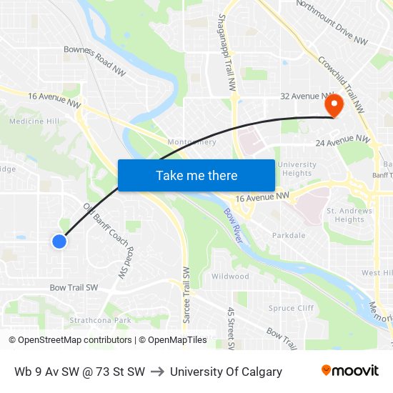 Wb 9 Av SW @ 73 St SW to University Of Calgary map